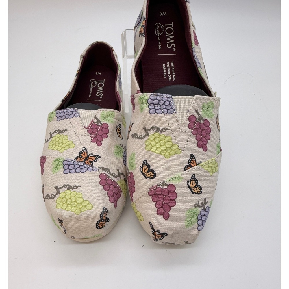 TOMS Alpargata Slip On Womens 6 Cream Grape Butterfly Print Canvas Flats Shoes